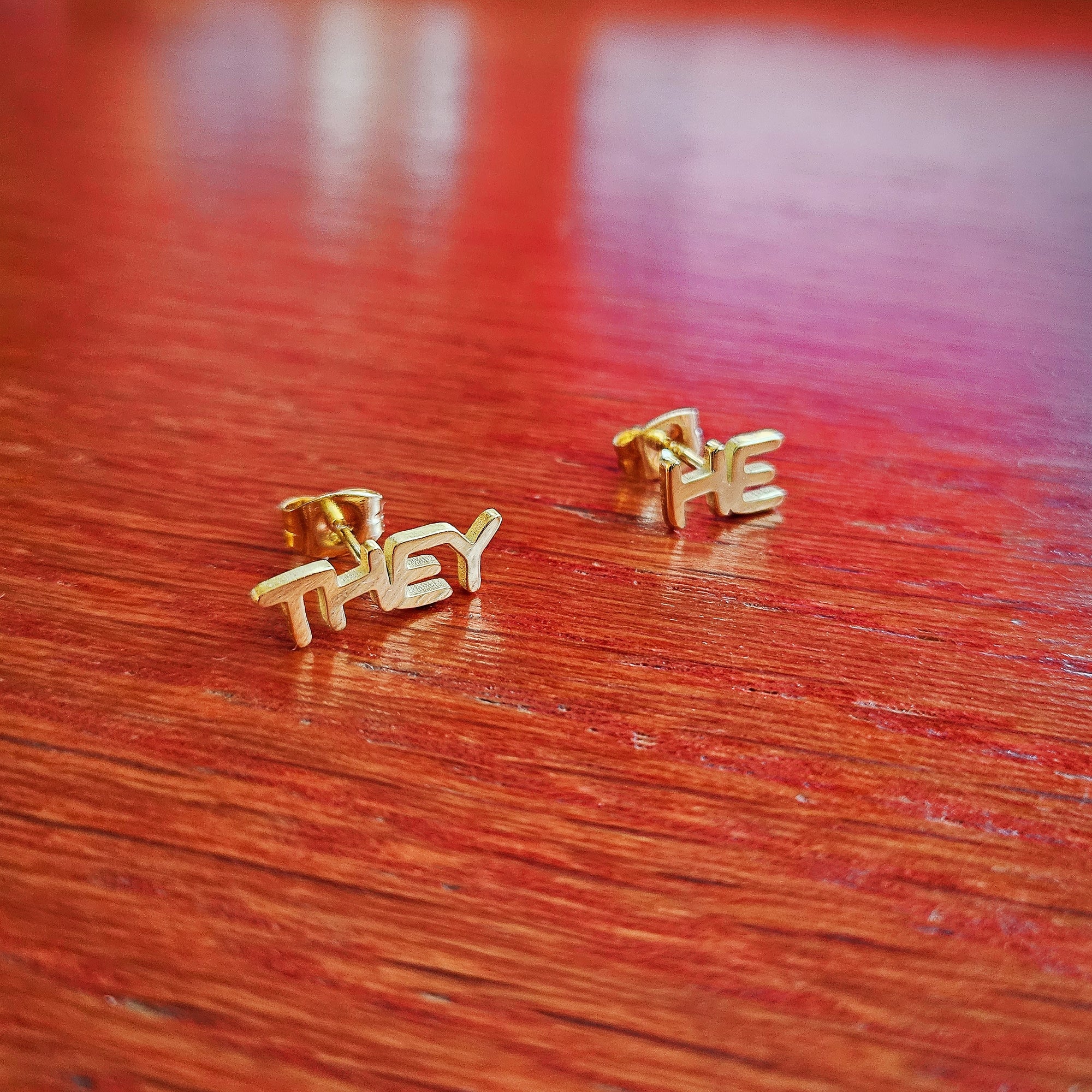 Gold Pronoun Stud Earrings - he/they or they/he