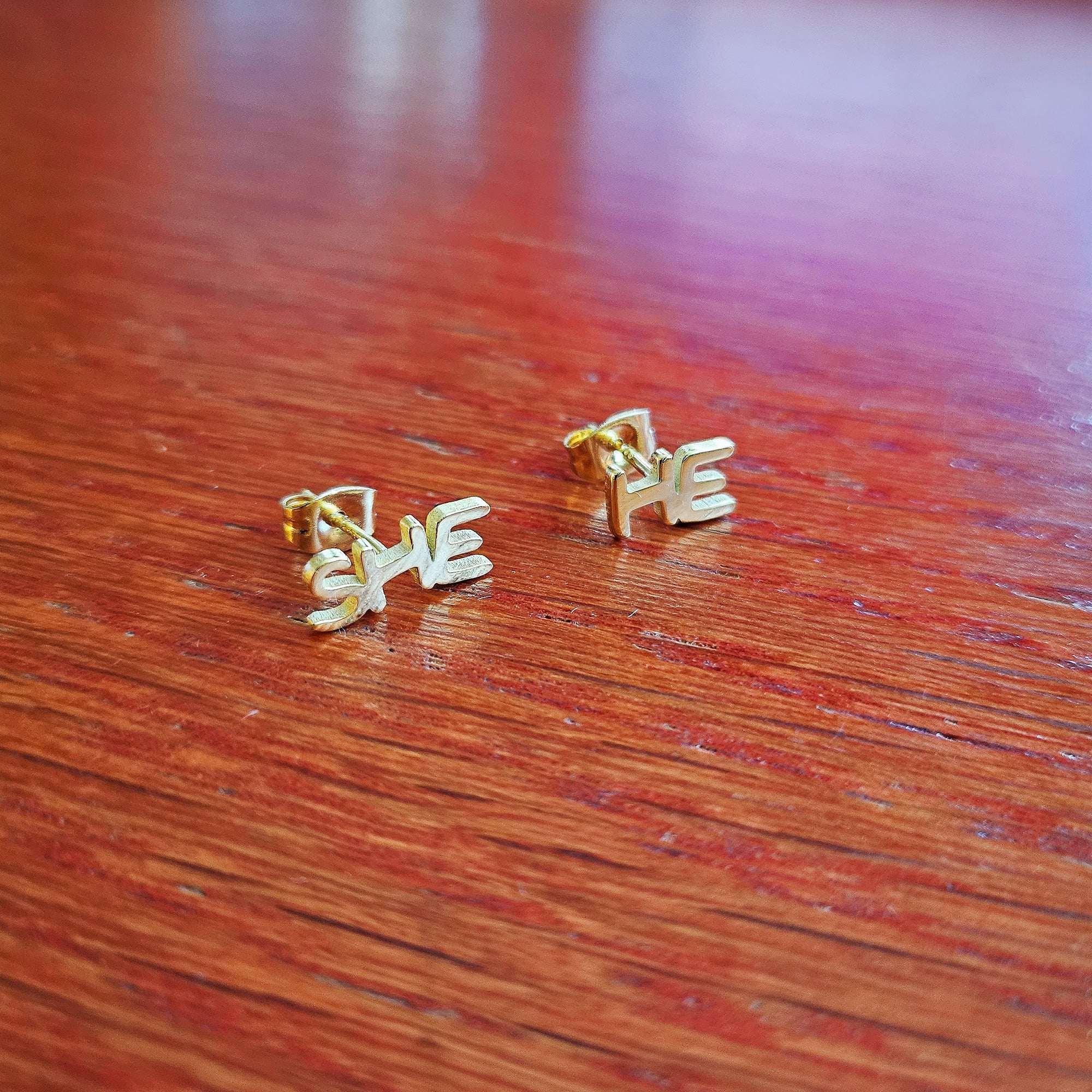 Gold Pronoun Stud Earrings - she/he or he/she