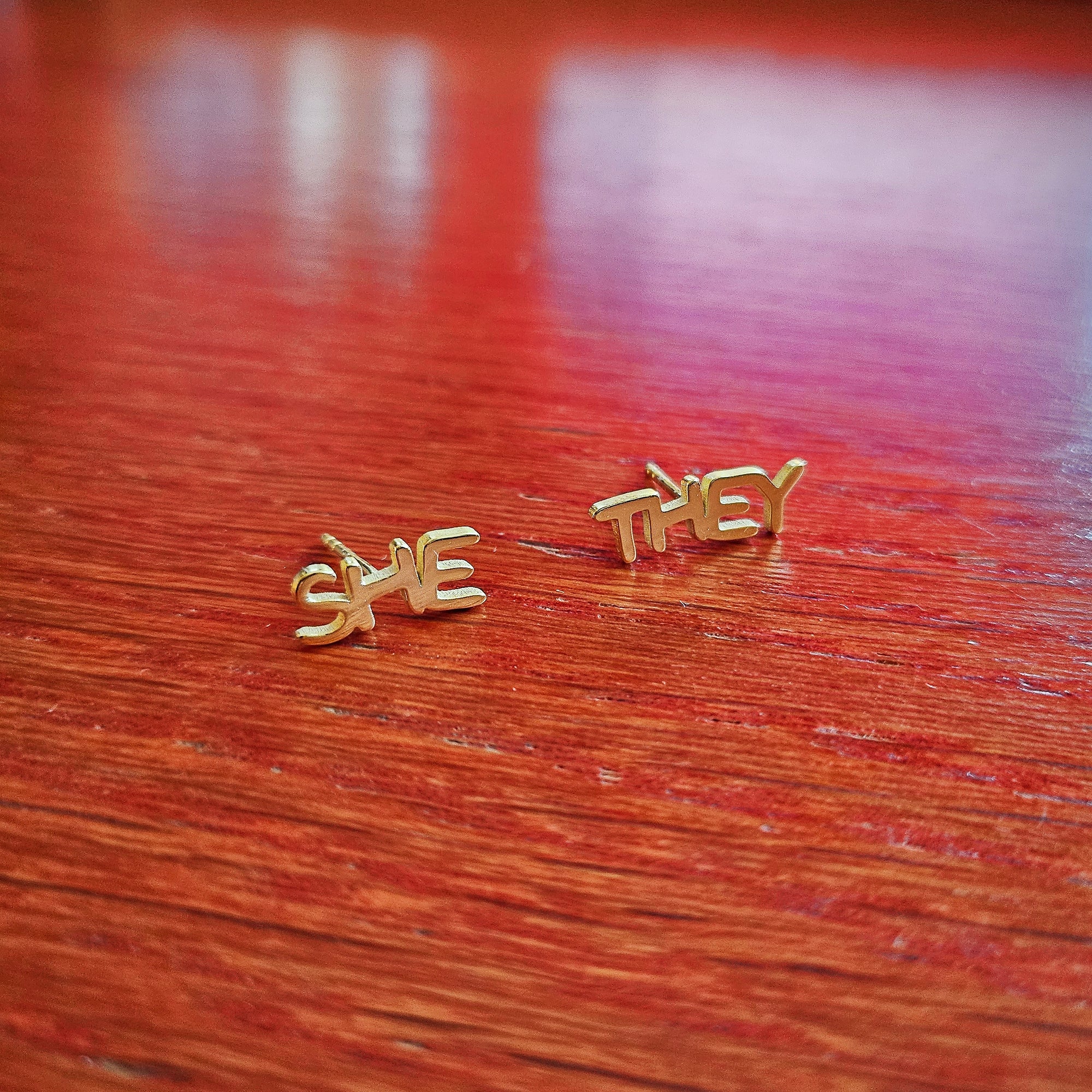 Gold Pronoun Stud Earrings - she/they or they/she
