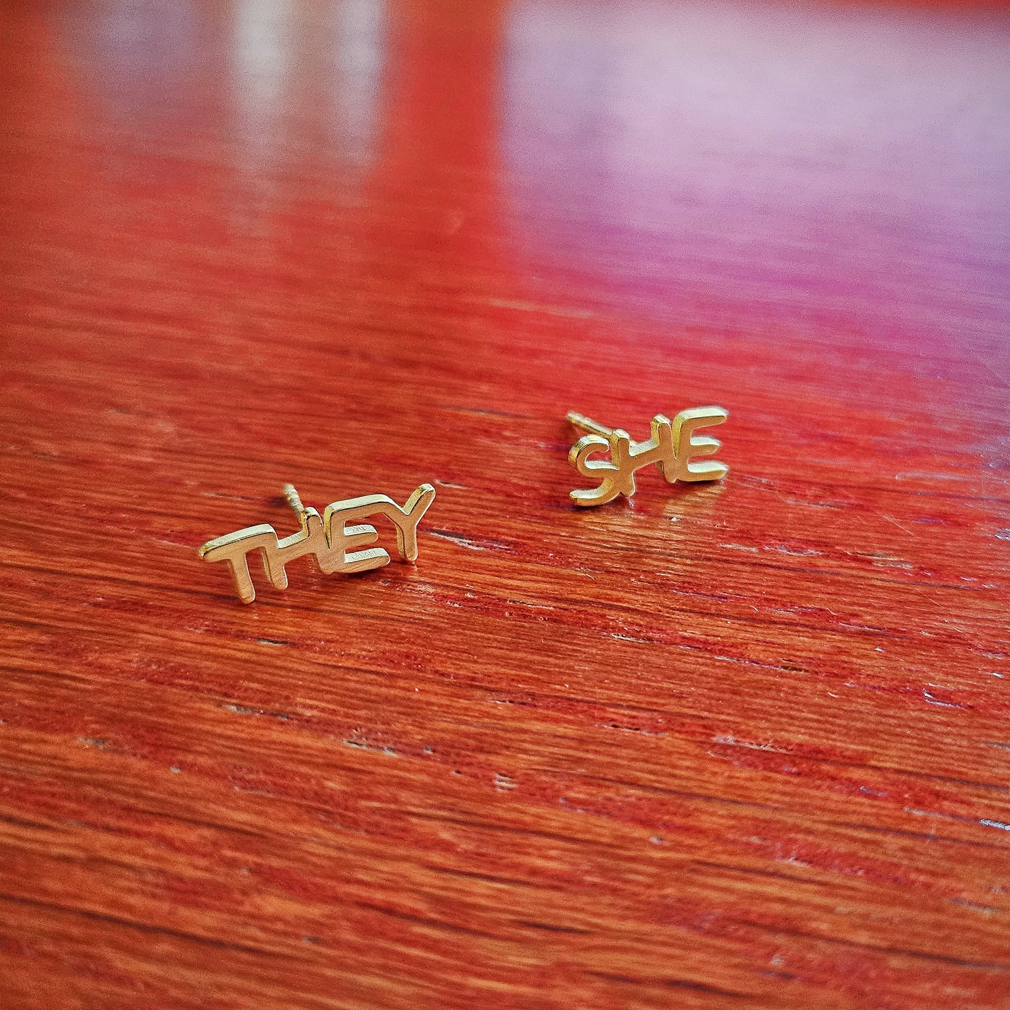 Gold Pronoun Stud Earrings - she/they or they/she