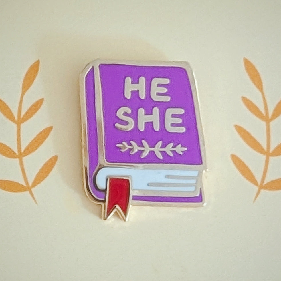 Pronoun Book Pin - he/she