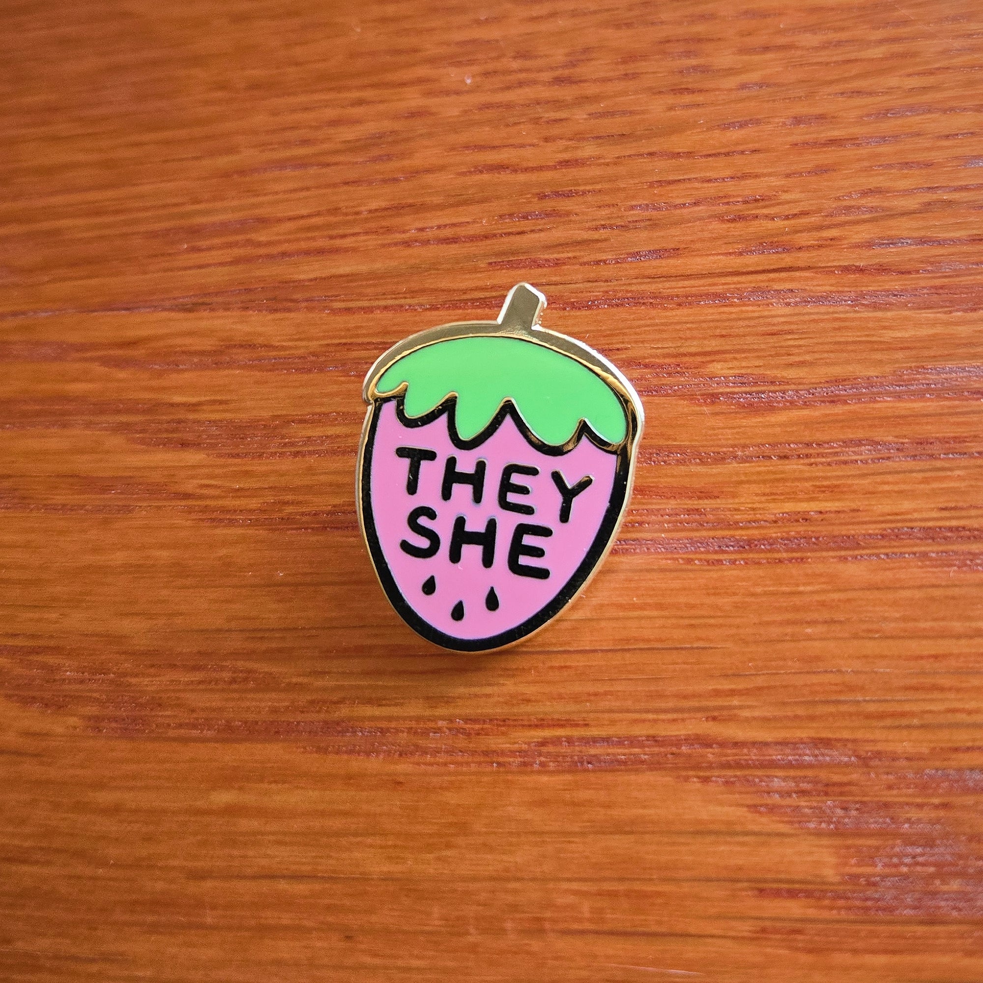 Pronoun Strawberry Pin - they/she