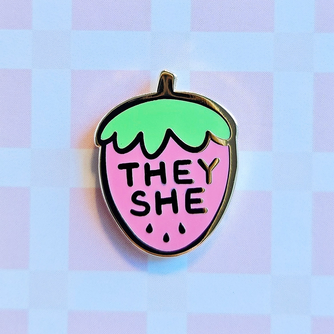 Pronoun Strawberry Pin - they/she