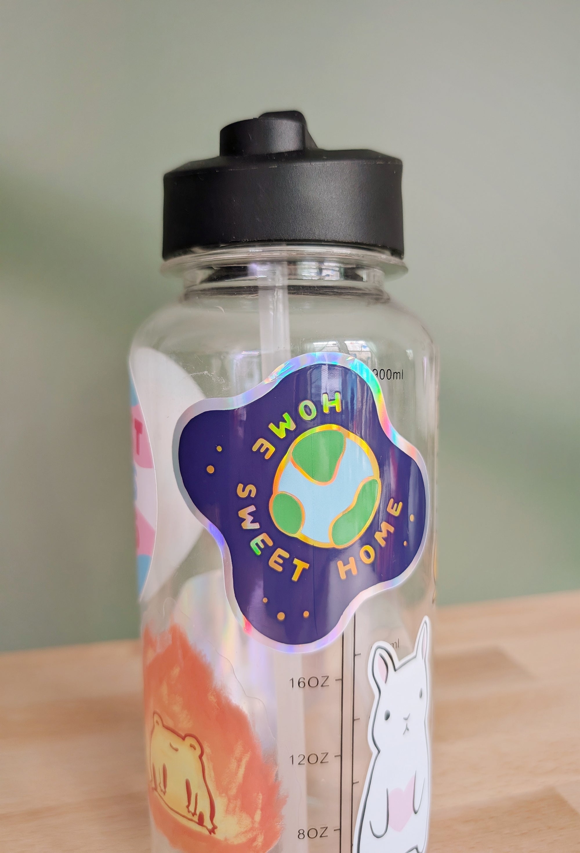 a clear water bottle with a few vinyl sticker decals on it. on front is a holographic sticker featuring the earth floating in space with the words Home Sweet Home